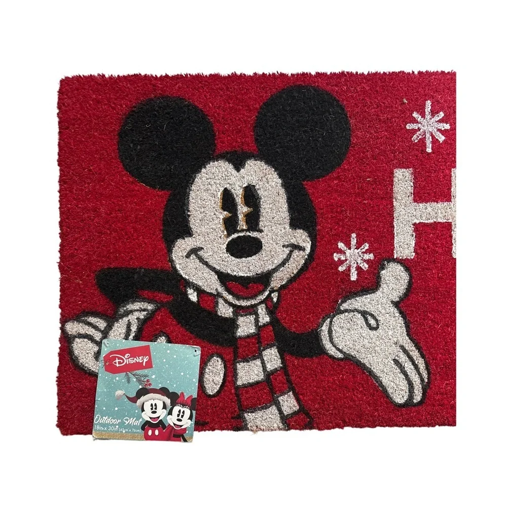 Disney Mickey Mouse Christmas Holidays Snow Flakes Red Coir Outdoor Mat 18”X30”